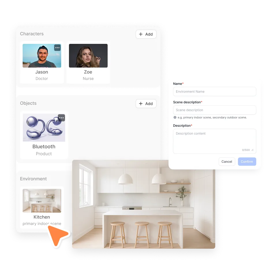 Choose or generate environments in the AI Storyboard Generator such as offices, classrooms, studios, or branded spaces to keep scenes in one coherent world